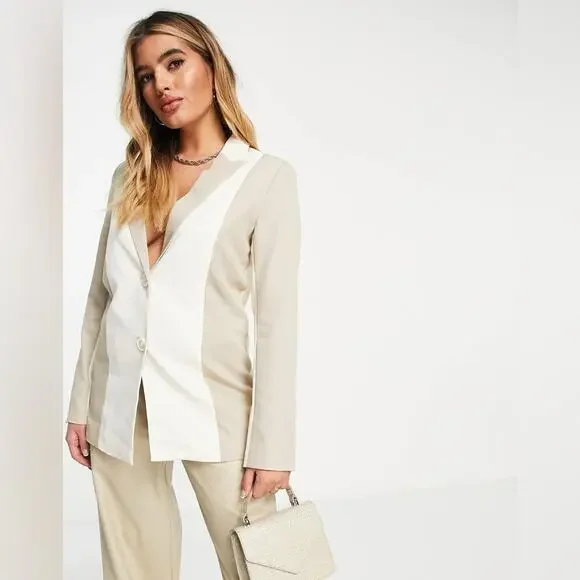 4th & Reckless Panel Color Block Blazer Size Small Two Tone Beige Ecru Career - Picture 2 of 11